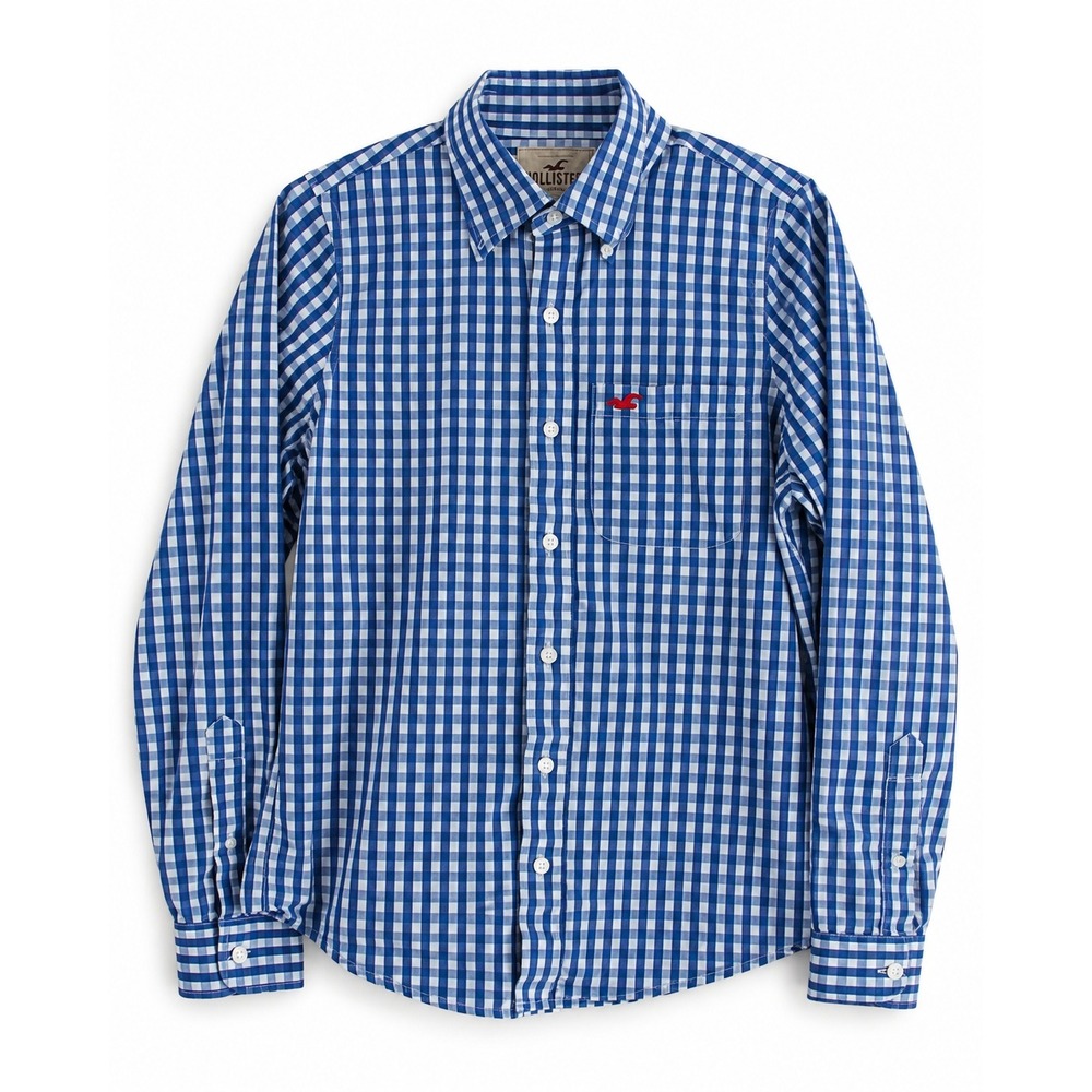 Hollister Mens Blue White Gingham Long Sleeve Button Down Shirt Medium